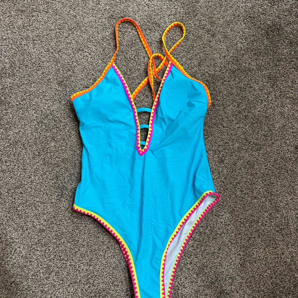 Vibrant Blue One-Piece Swimsuit with Colorful Trim